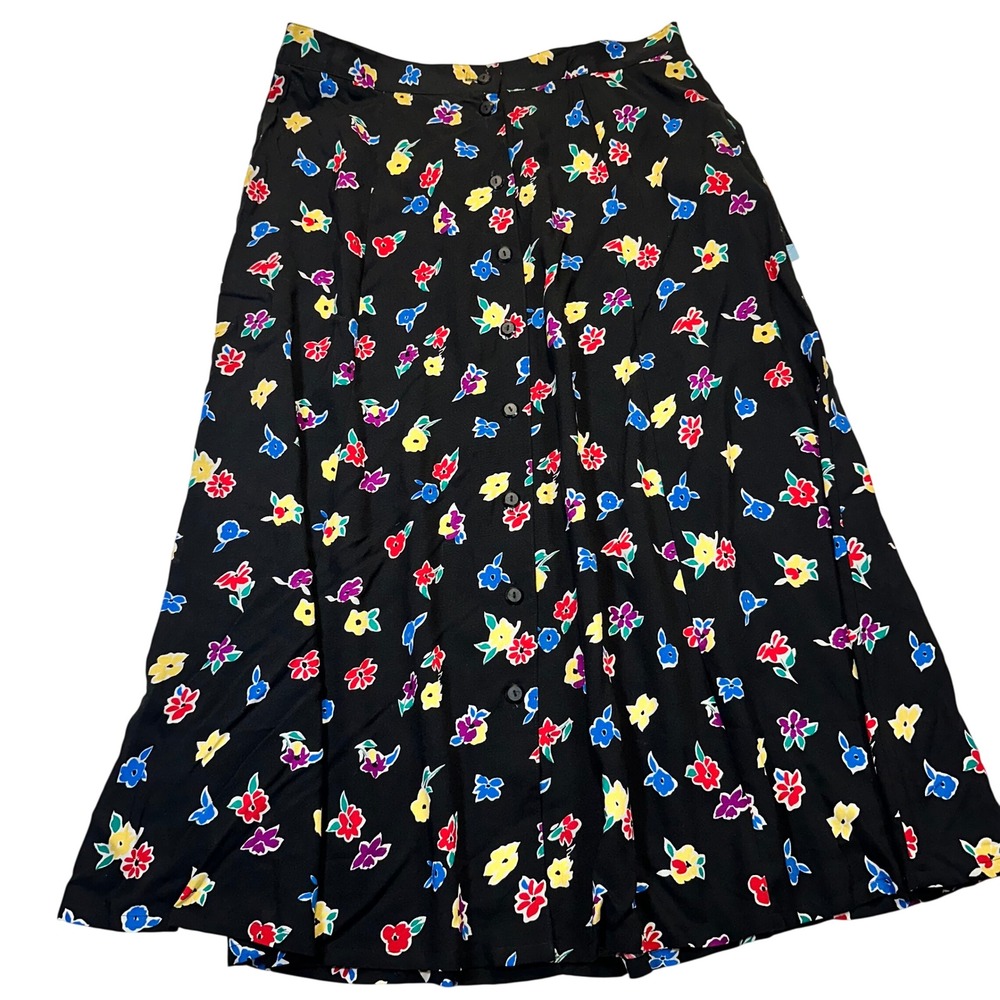 Sag Harbor Womens XL Floral Button Front Midi Skirt Black Rayon Vintage NWT 3871